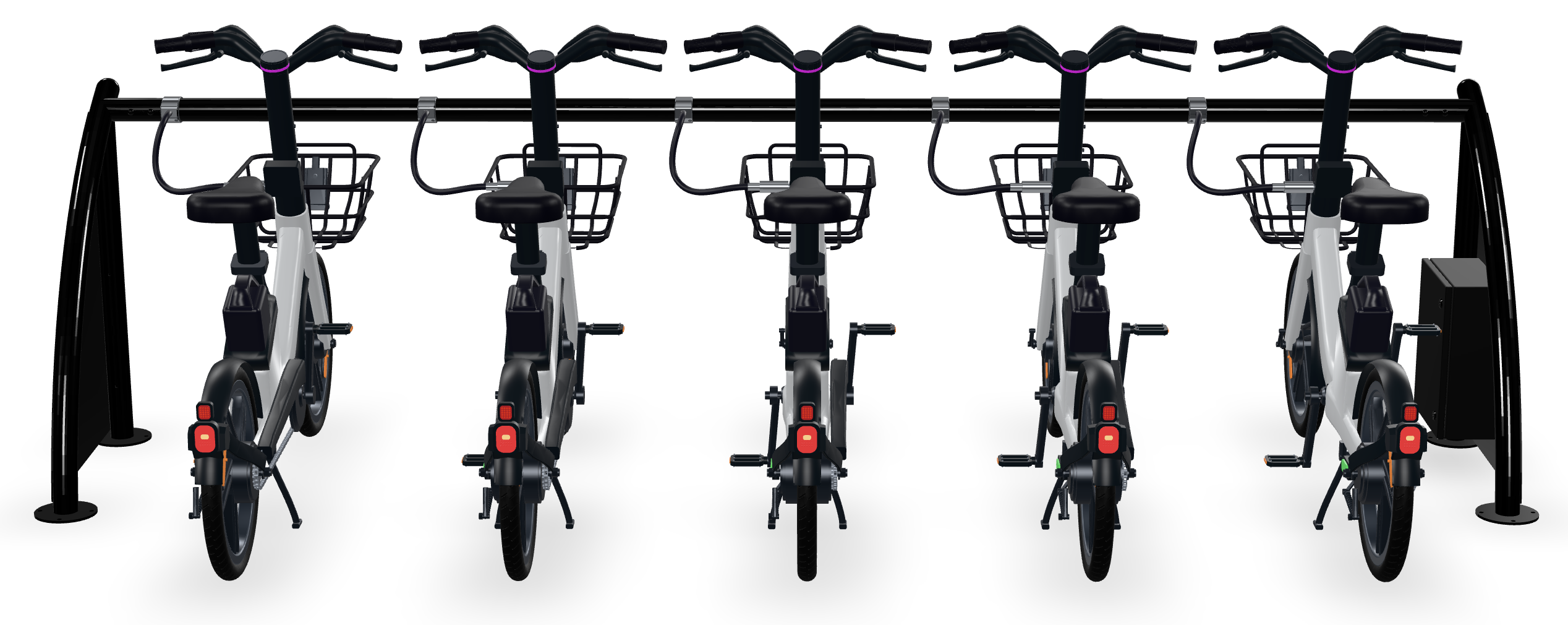Five electric bikes connected to a ChargeLock charging station